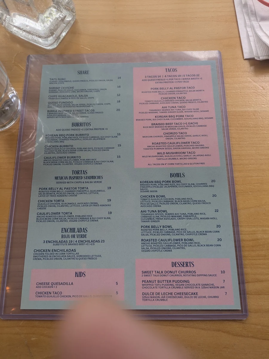 Menu, Taps and Tacos