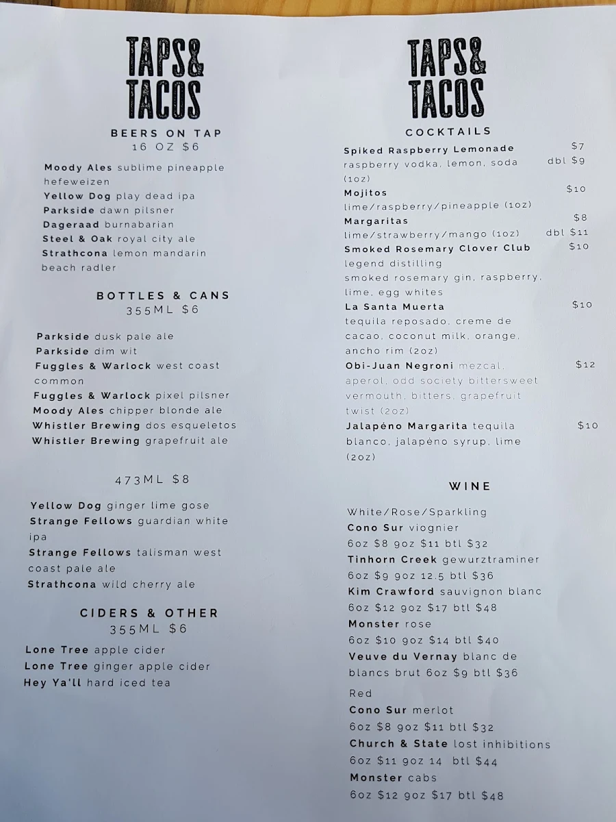 Menu, Taps and Tacos