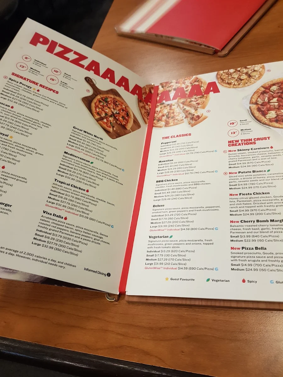 Menu, Boston Pizza