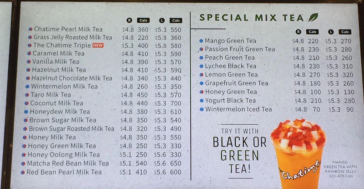Menu, Chatime Bubble Tea