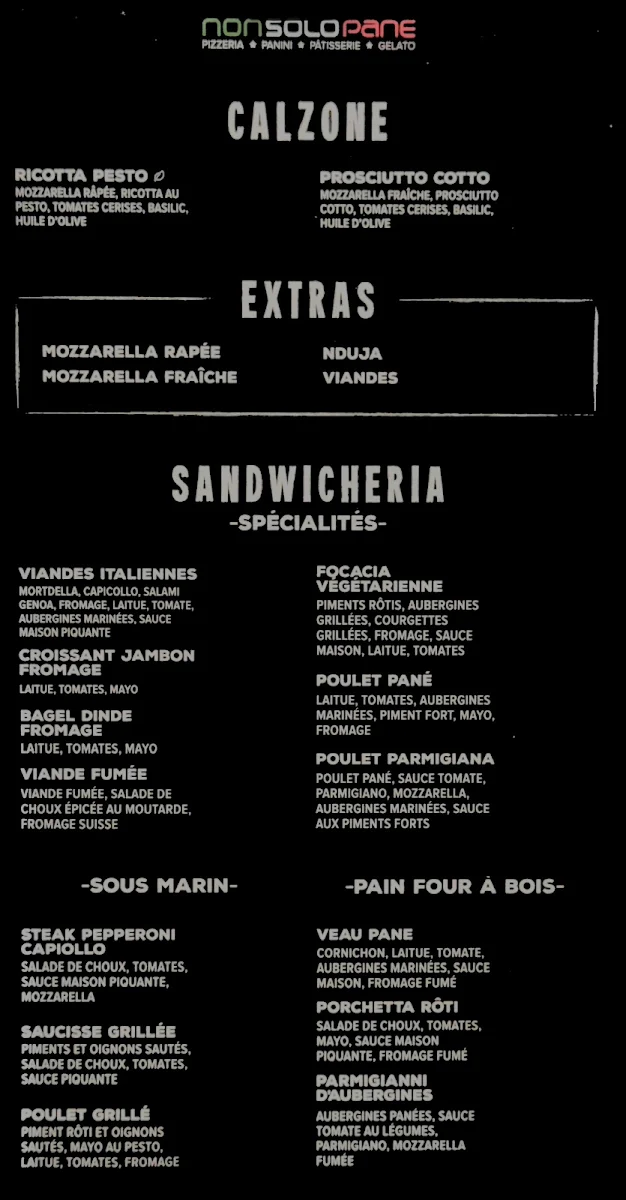 Menu, Boulangerie Non Solo Pane