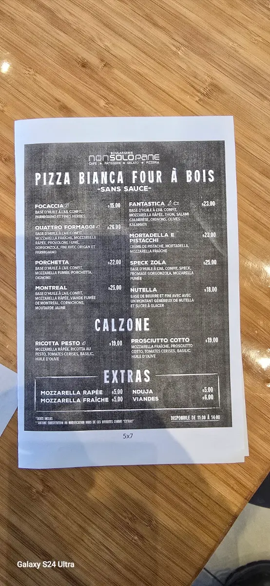 Menu, Boulangerie Non Solo Pane