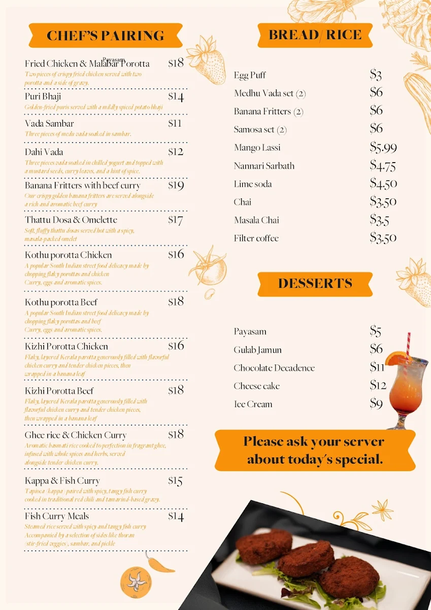 Menu, Dosa House
