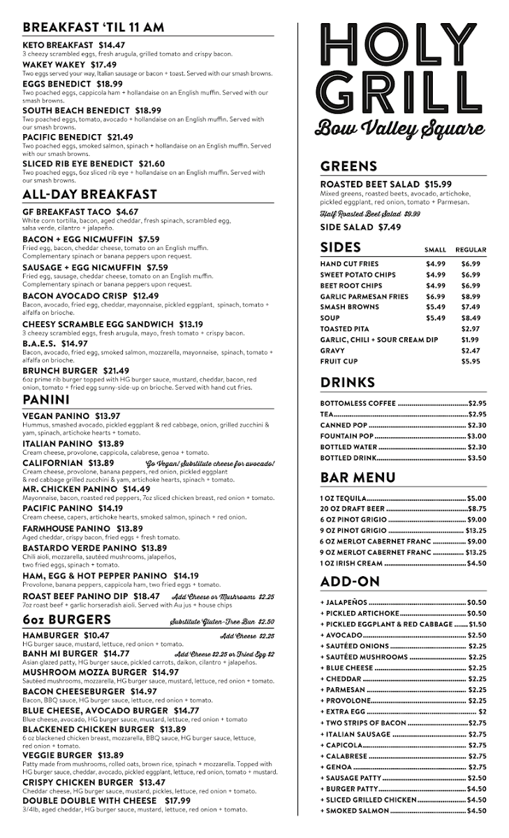 Menu, Holy Grill
