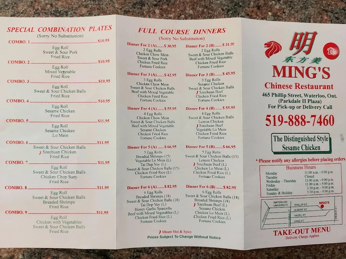 Menu, Ming's Chinese Restaurant