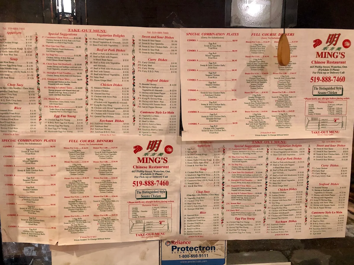 Menu, Ming's Chinese Restaurant
