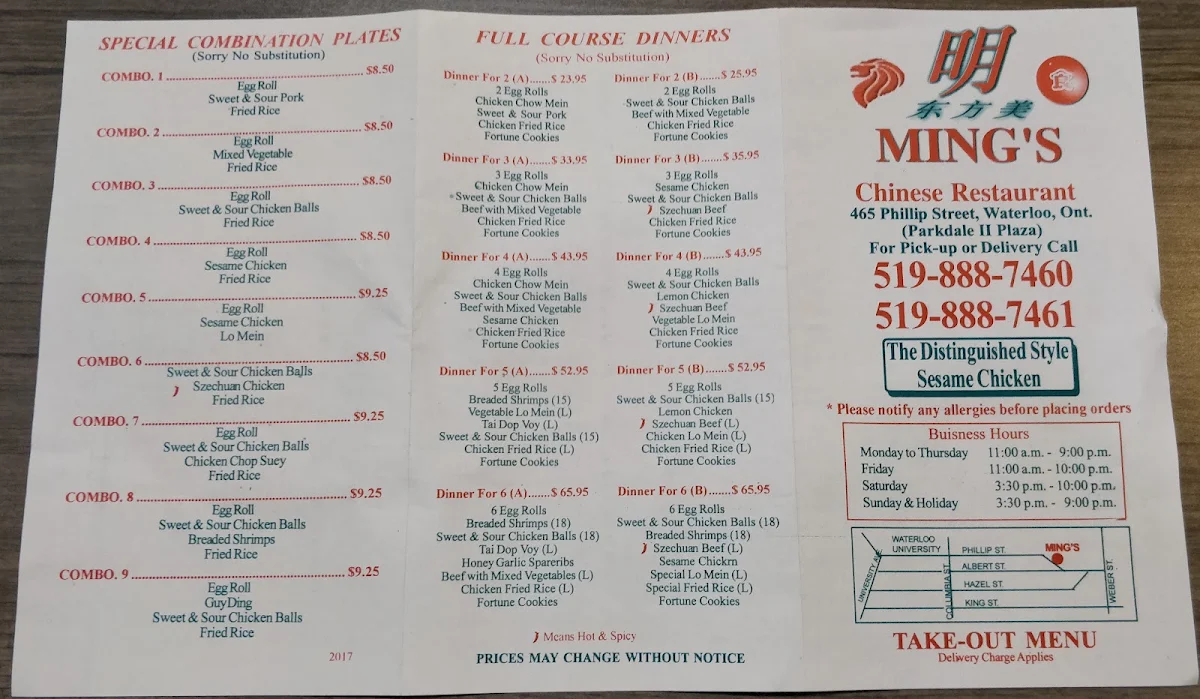 Menu, Ming's Chinese Restaurant