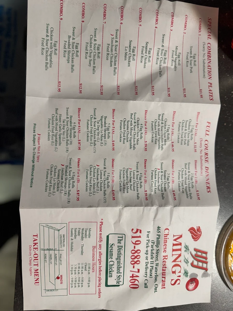 Menu, Ming's Chinese Restaurant