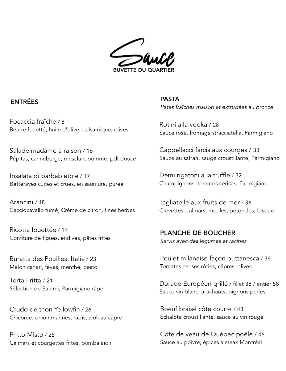 Menu, Sauce Buvette Du Quartier