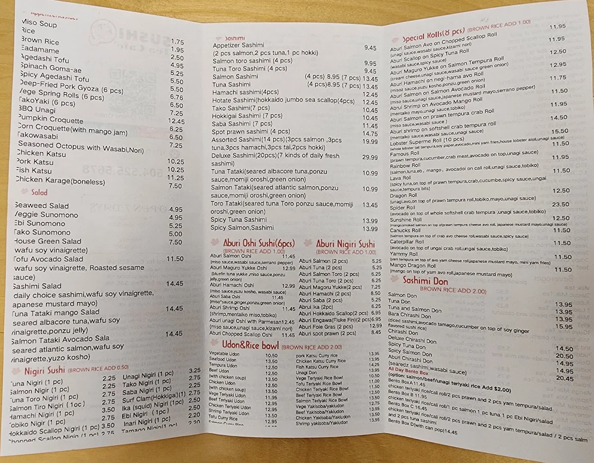 Menu, Sushi Q Tea Cafe