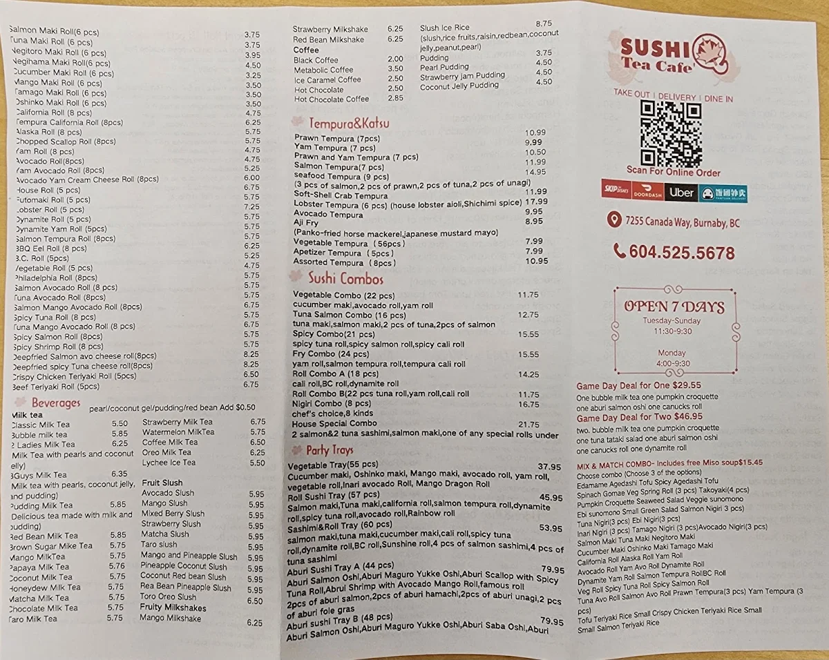 Menu, Sushi Q Tea Cafe