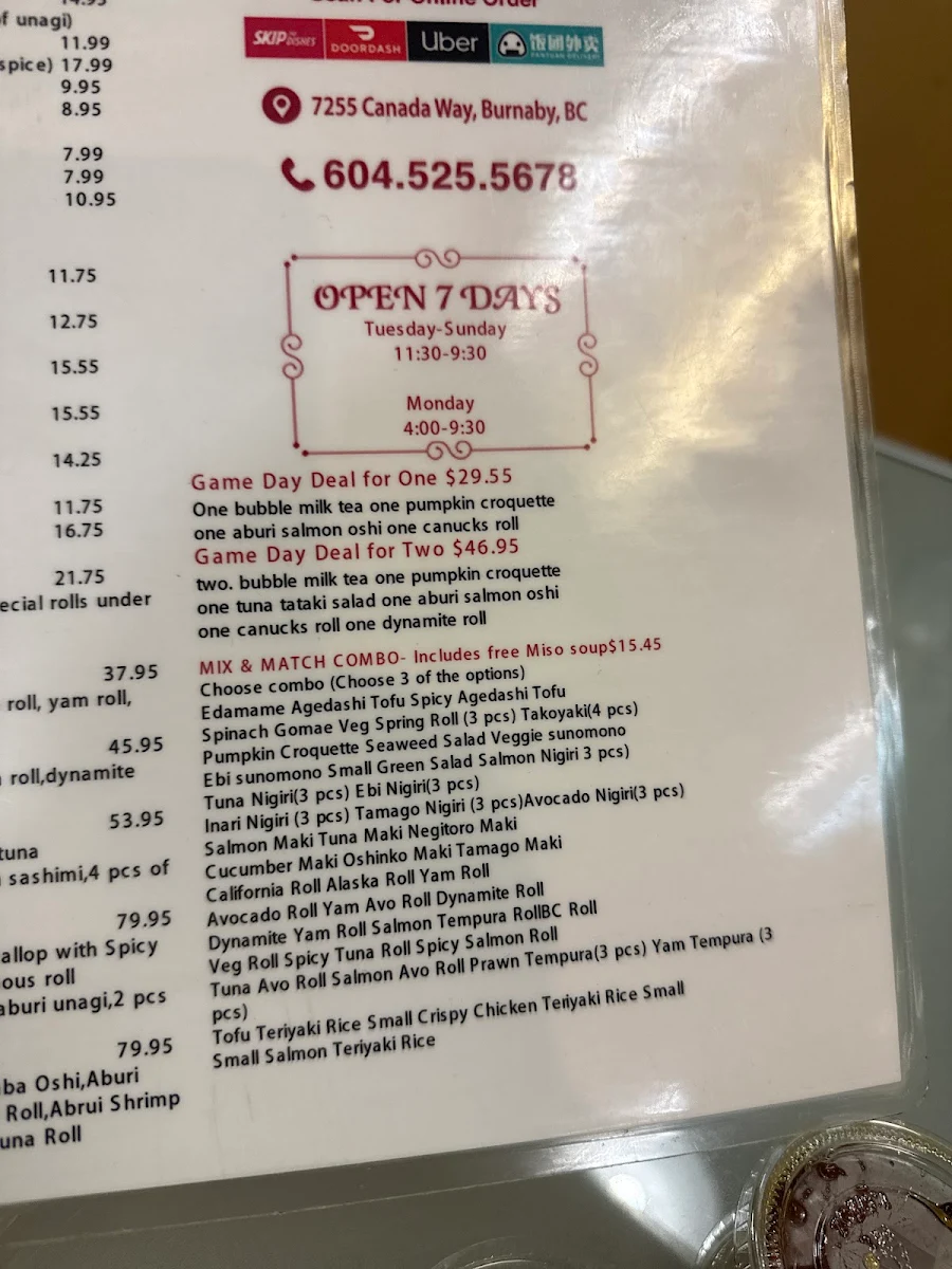 Menu, Sushi Q Tea Cafe