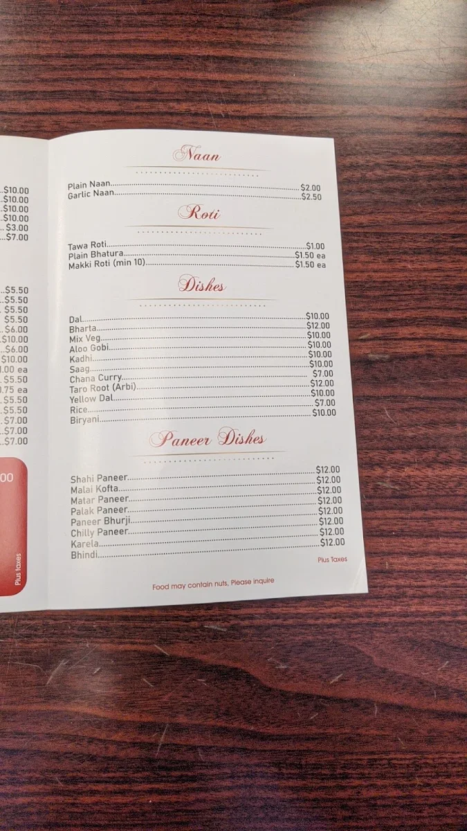 Menu, Shagun Sweets