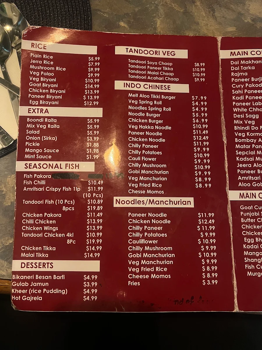 Menu, Singh Sweet Mahal