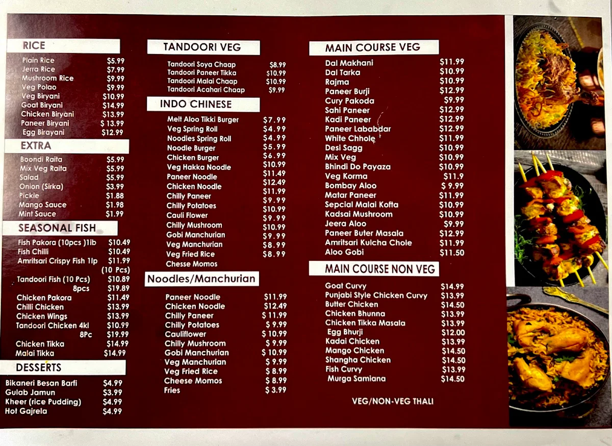 Menu, Singh Sweet Mahal
