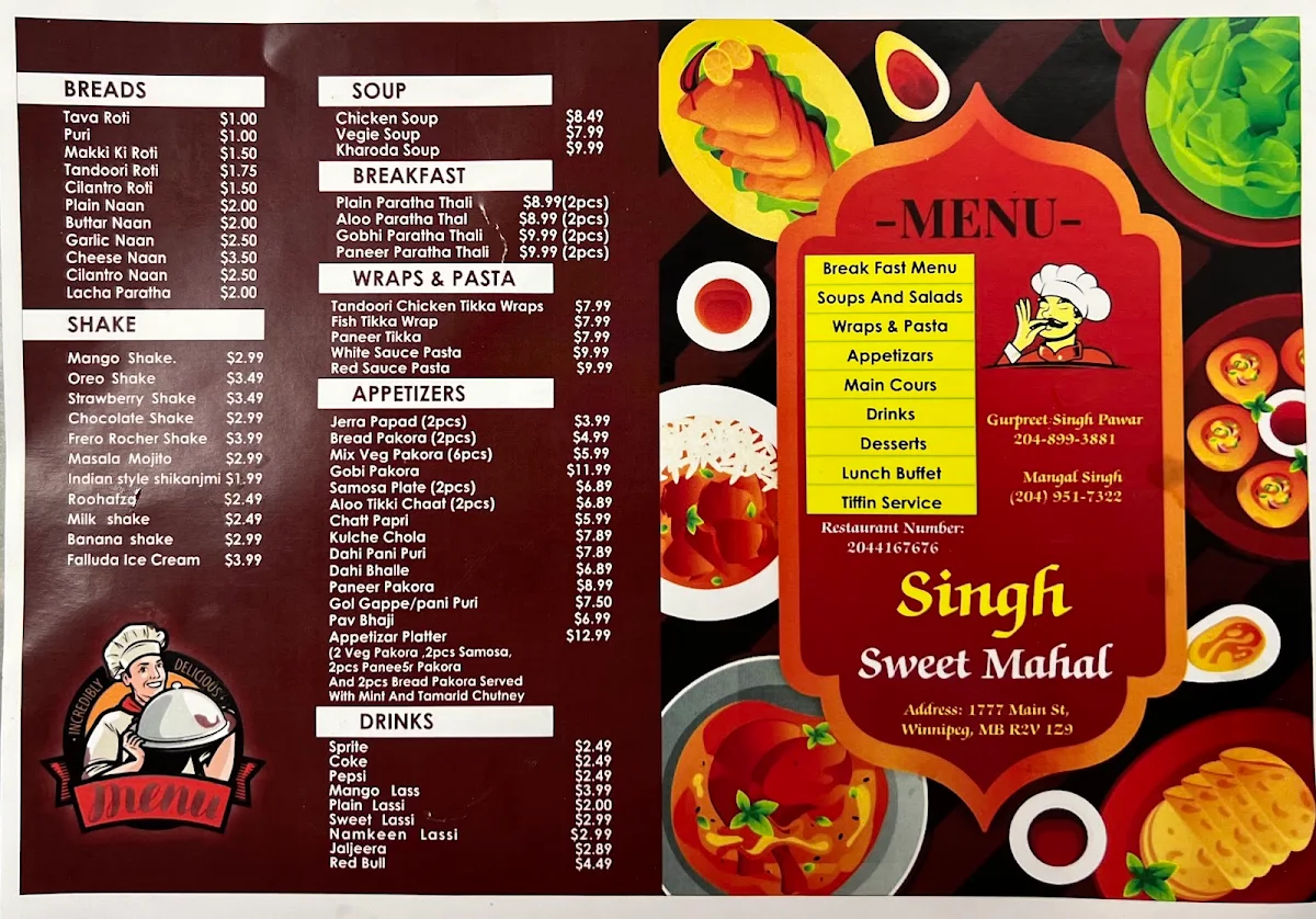Menu, Singh Sweet Mahal