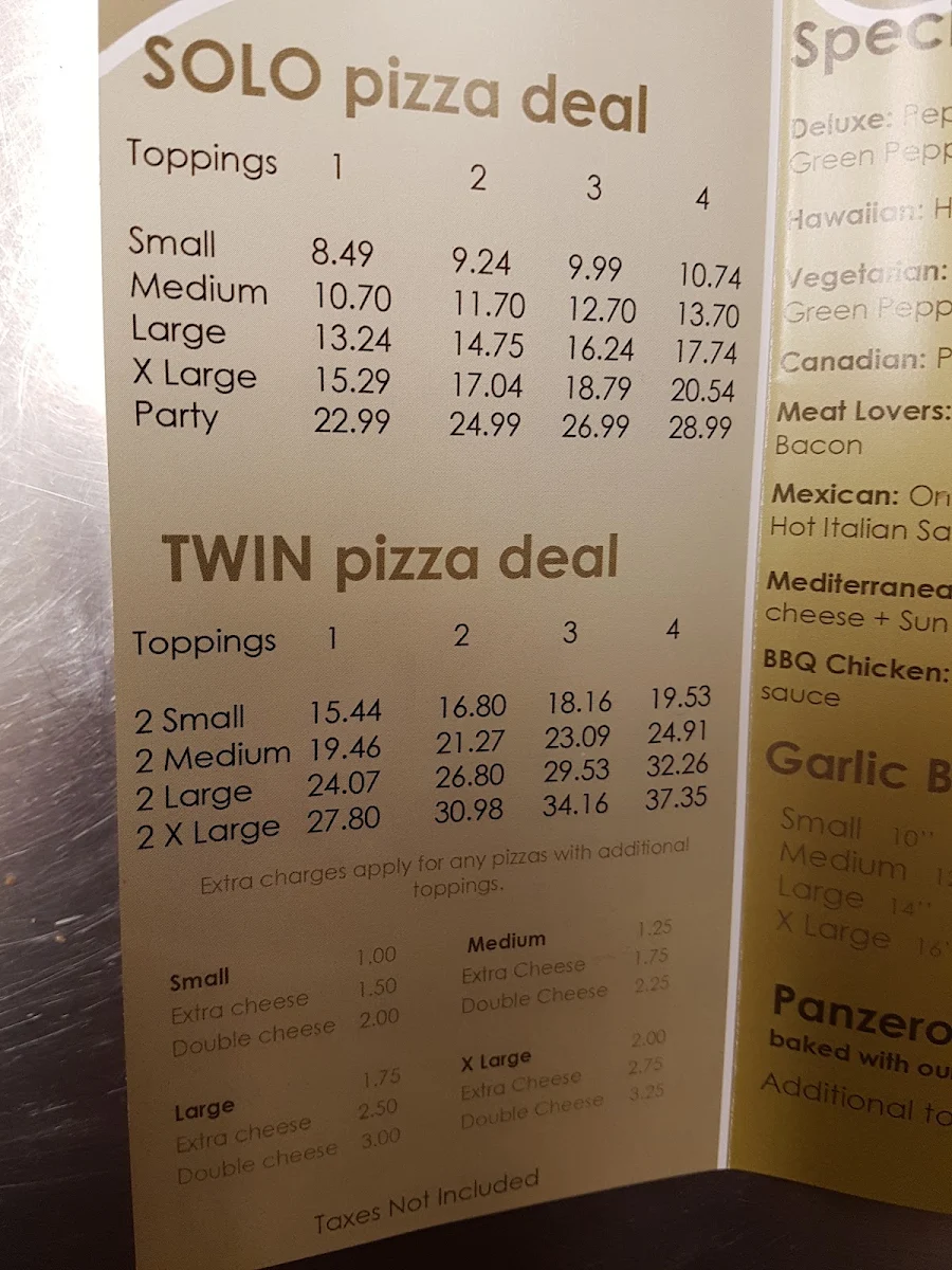 Menu, Tito's Pizza Erin