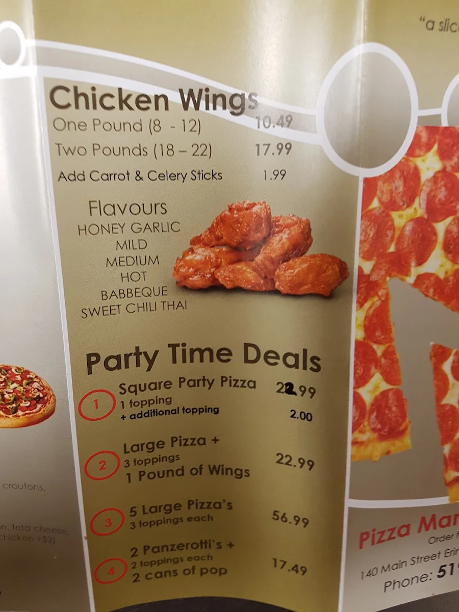 Menu, Tito's Pizza Erin