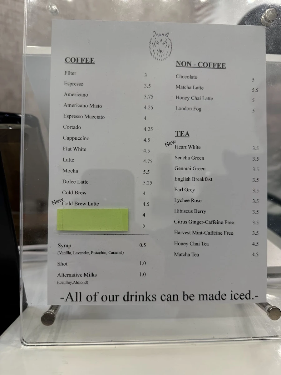 Menu, Black wolf coffee