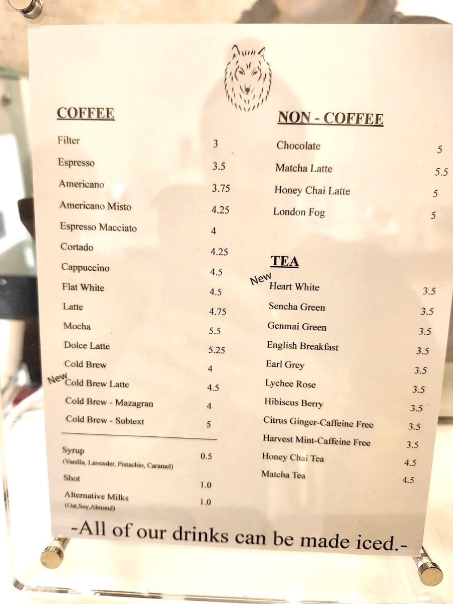 Menu, Black wolf coffee