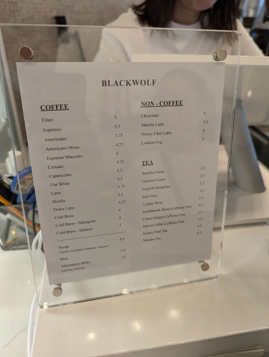 Menu, Black wolf coffee