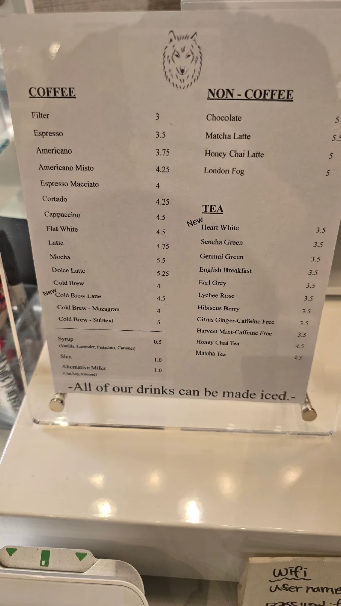 Menu, Black wolf coffee