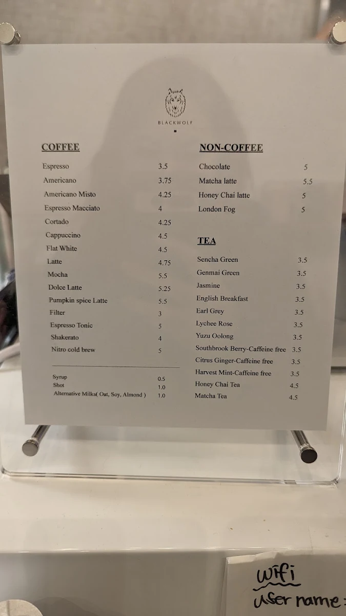Menu, Black wolf coffee