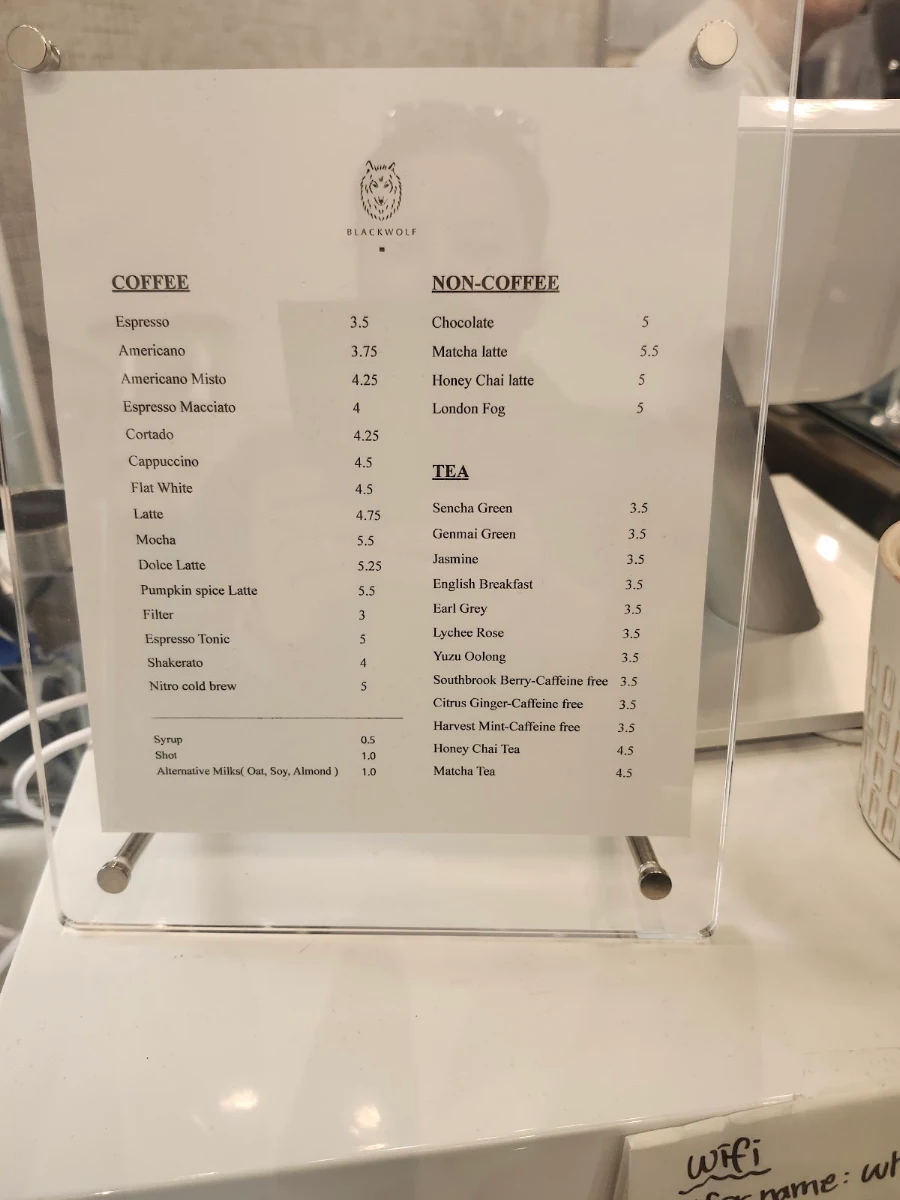 Menu, Black wolf coffee