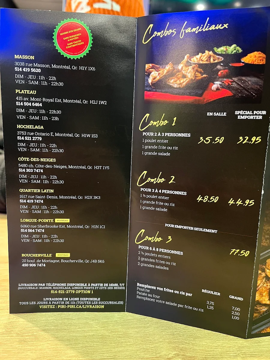 Menu, Rôtisserie Piri Piri (Plateau)