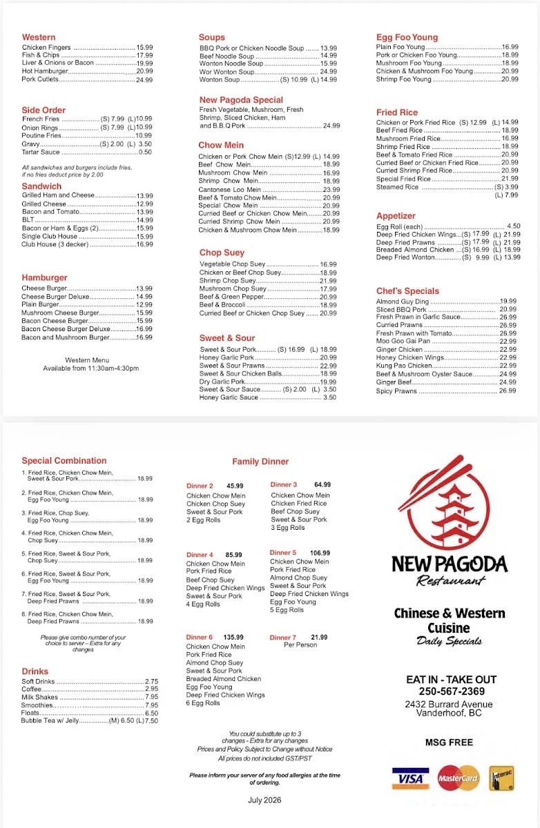 Menu, New Pagoda Restaurant