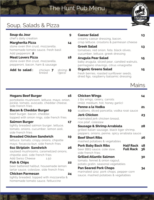 Menu, The Hunt Pub