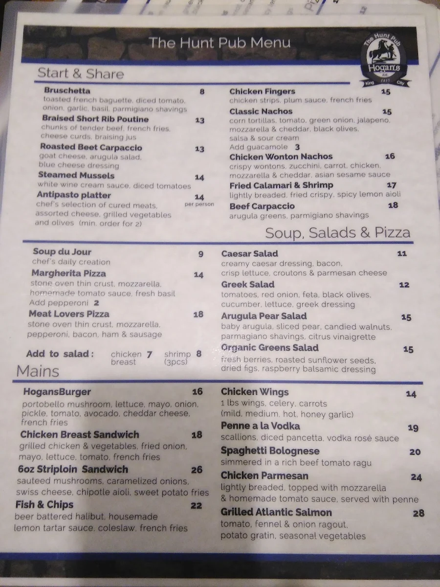 Menu, The Hunt Pub