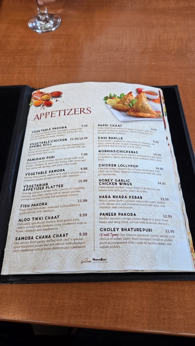 Menu, Guru India Restaurant
