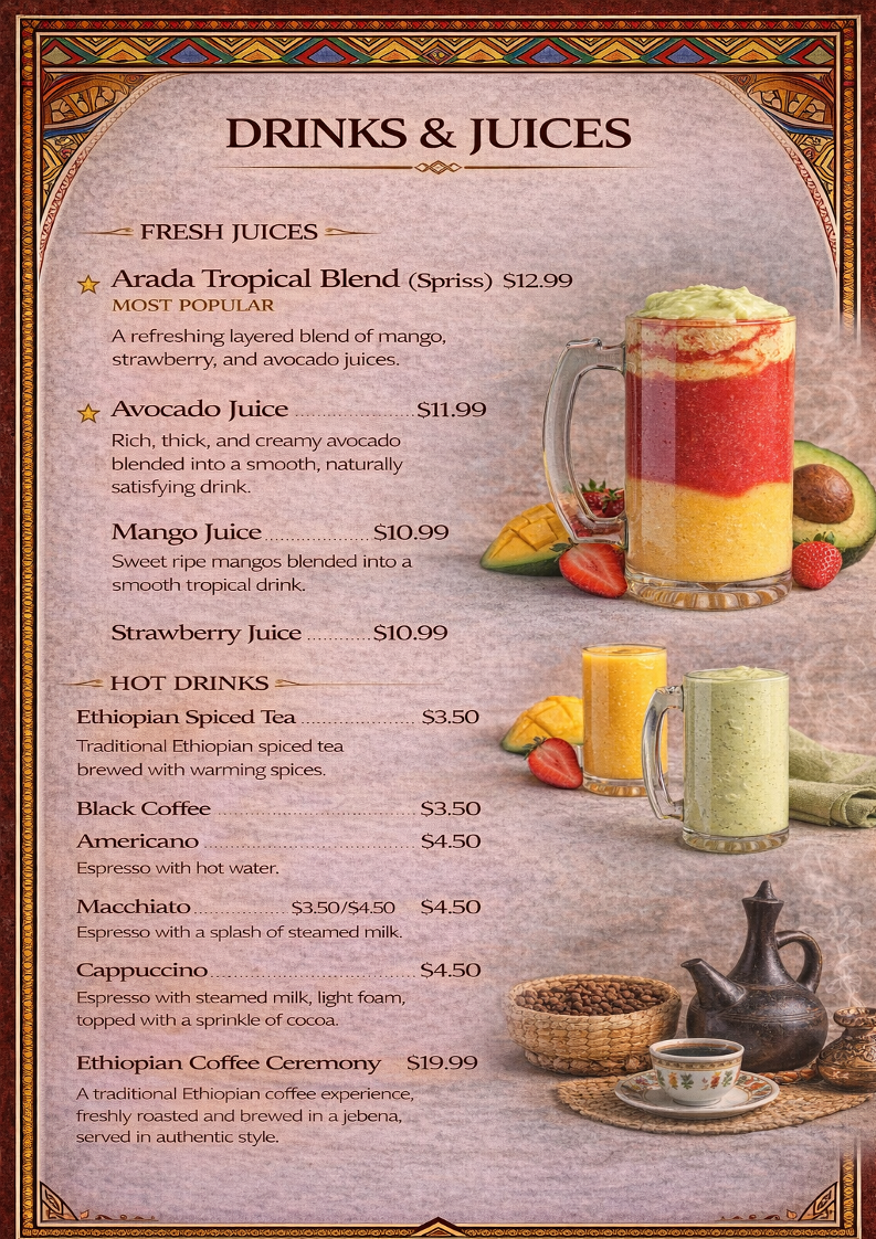 Menu, Arada Bar & Restaurant