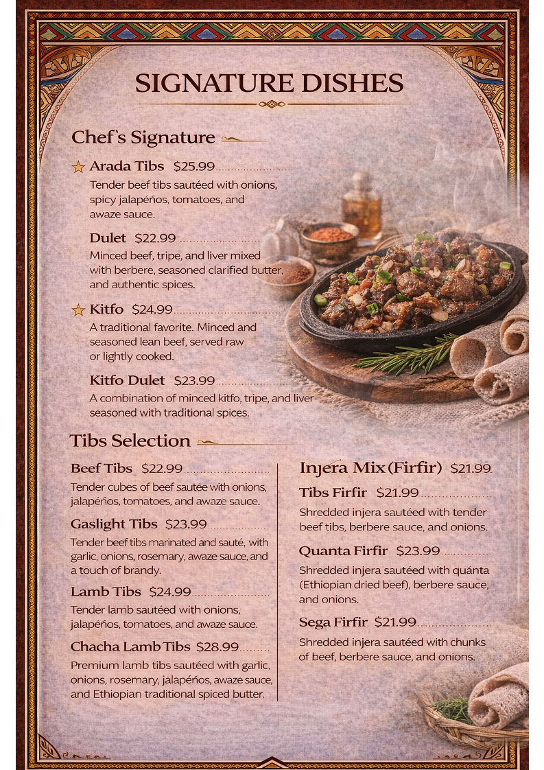 Menu, Arada Bar & Restaurant