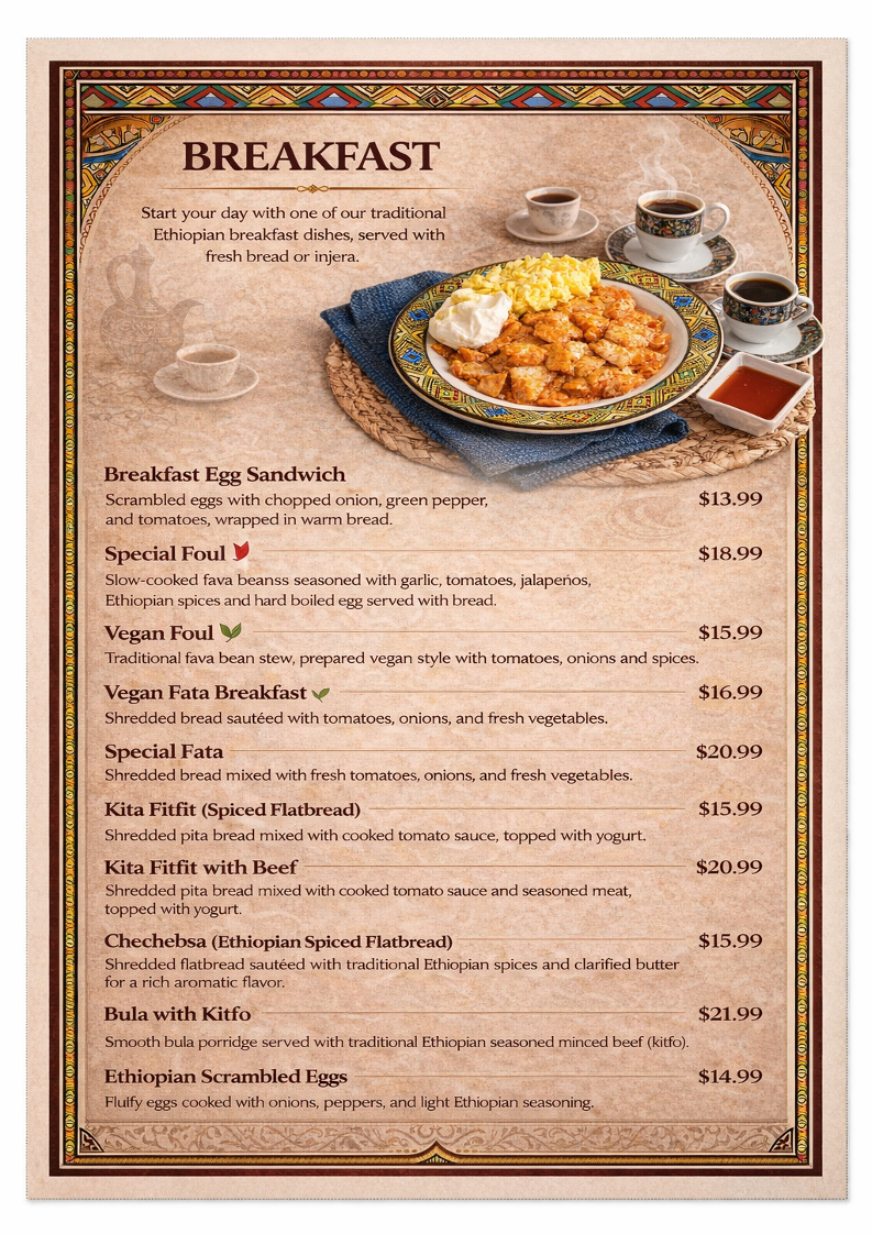 Menu, Arada Bar & Restaurant