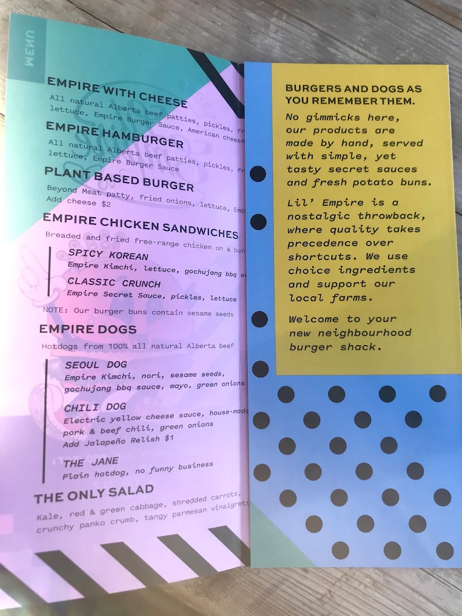 Menu, Lil' Empire Burger - Bridgeland
