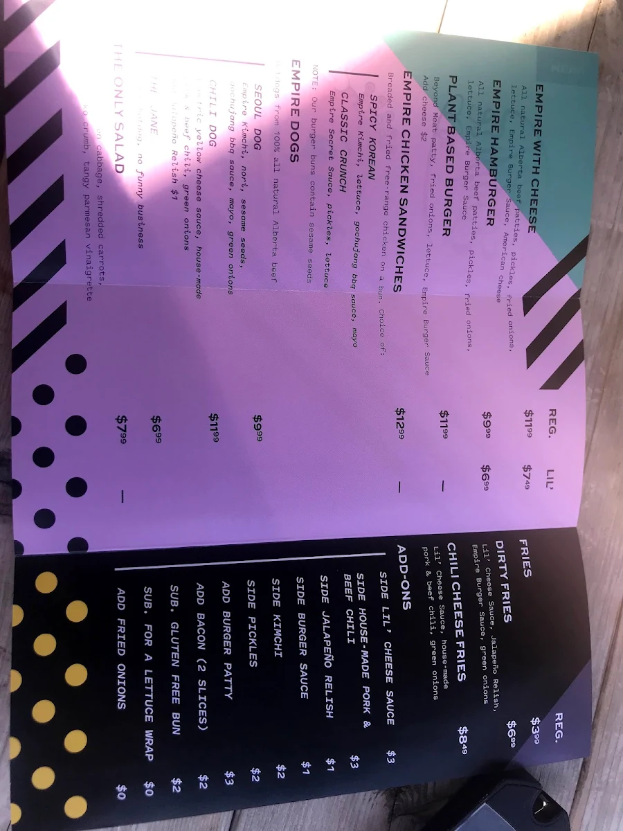 Menu, Lil' Empire Burger - Bridgeland