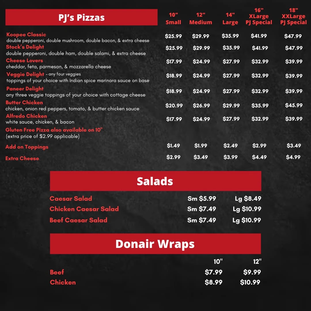 Menu, Pappa Jack's Pizza