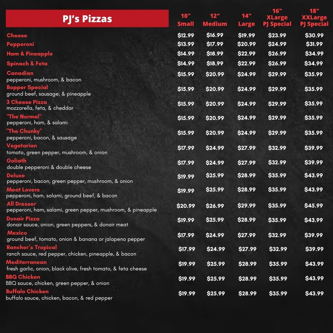 Menu, Pappa Jack's Pizza
