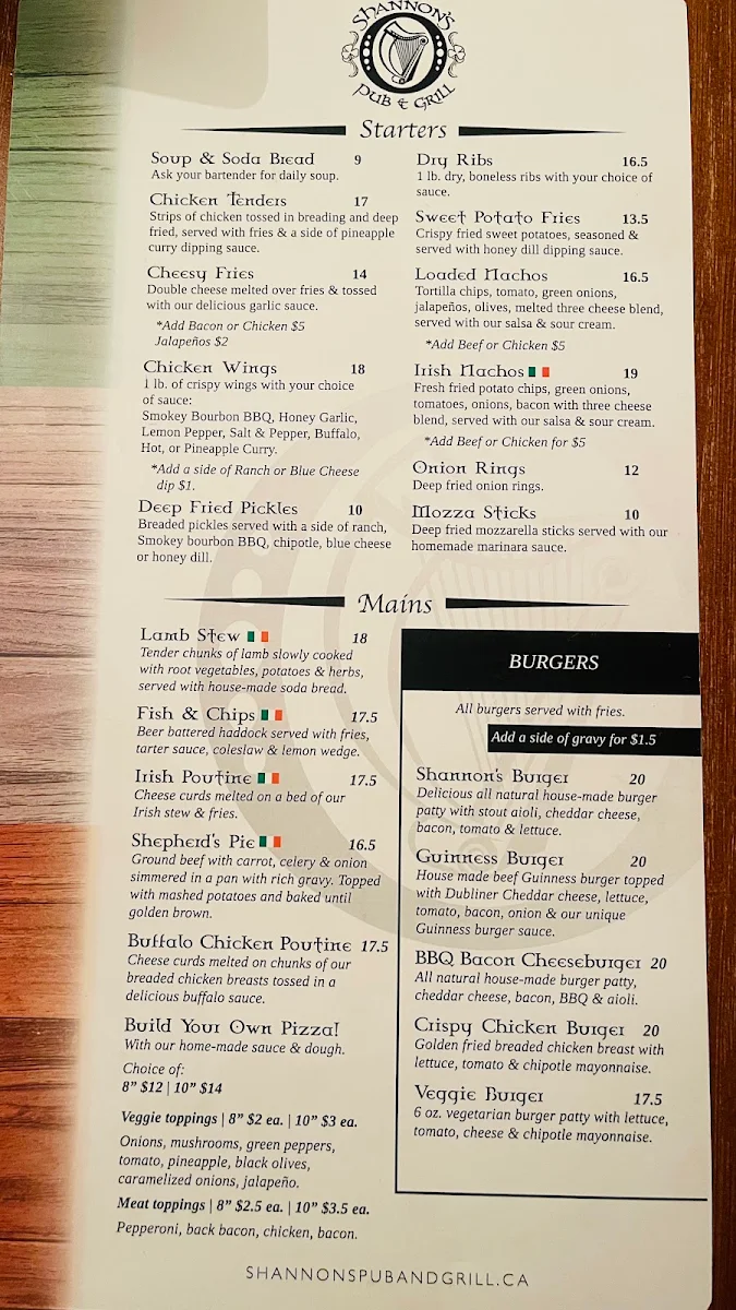 Menu, Shannon's Pub