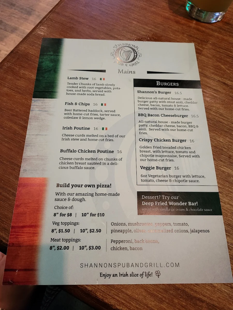 Menu, Shannon's Pub