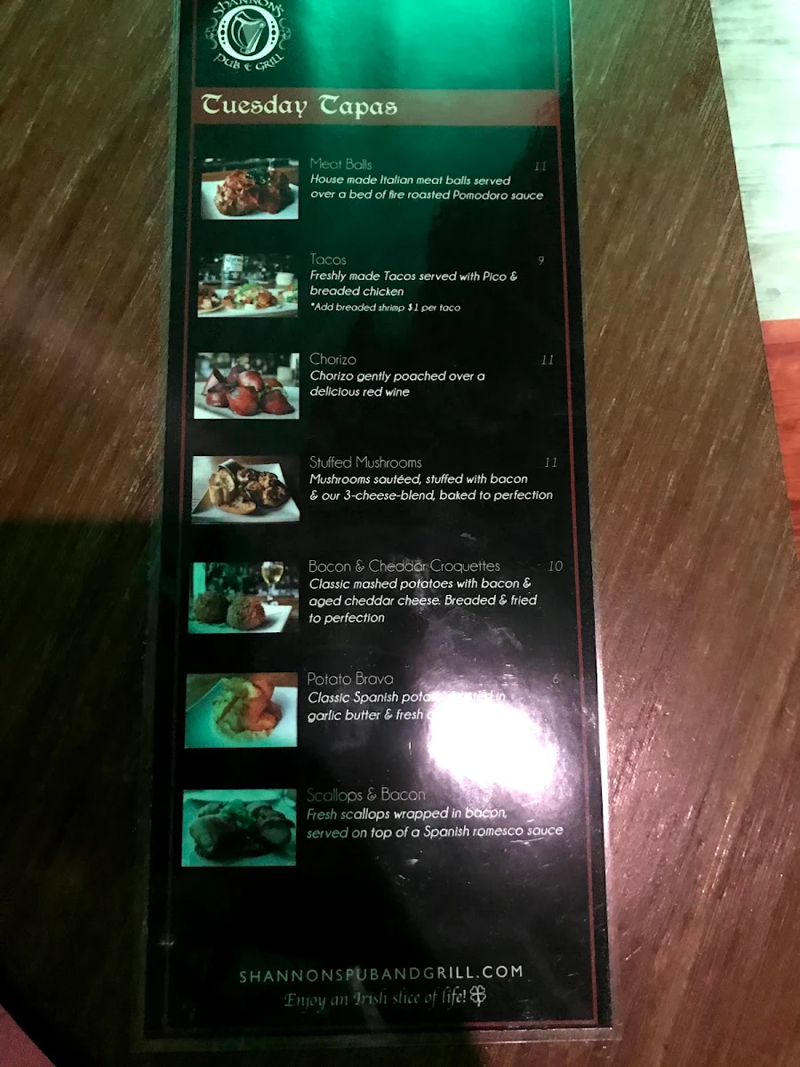 Menu, Shannon's Pub