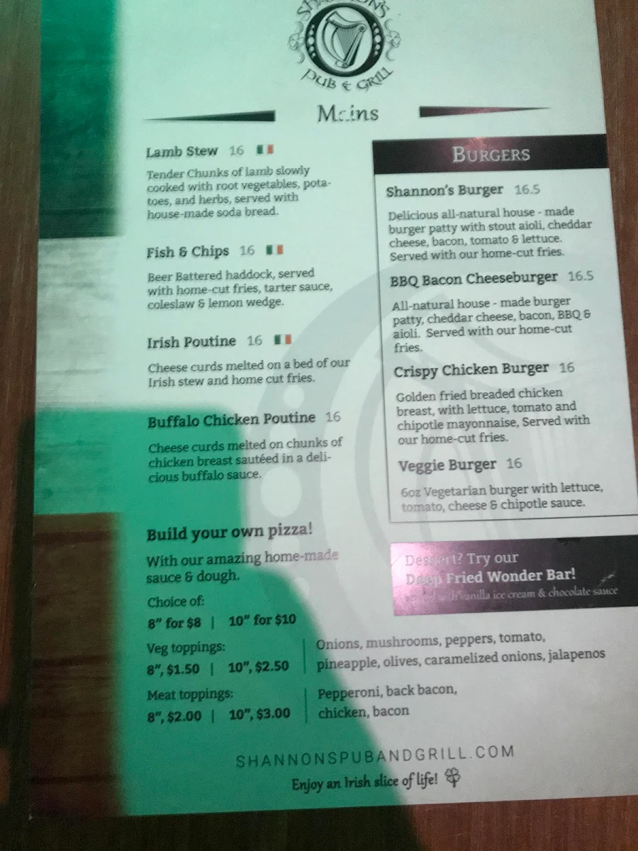 Menu, Shannon's Pub