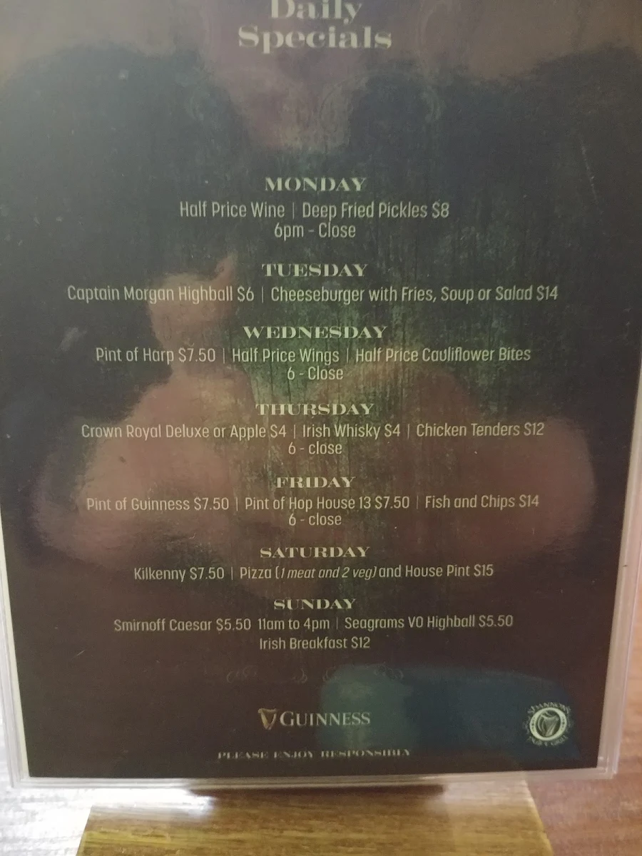 Menu, Shannon's Pub