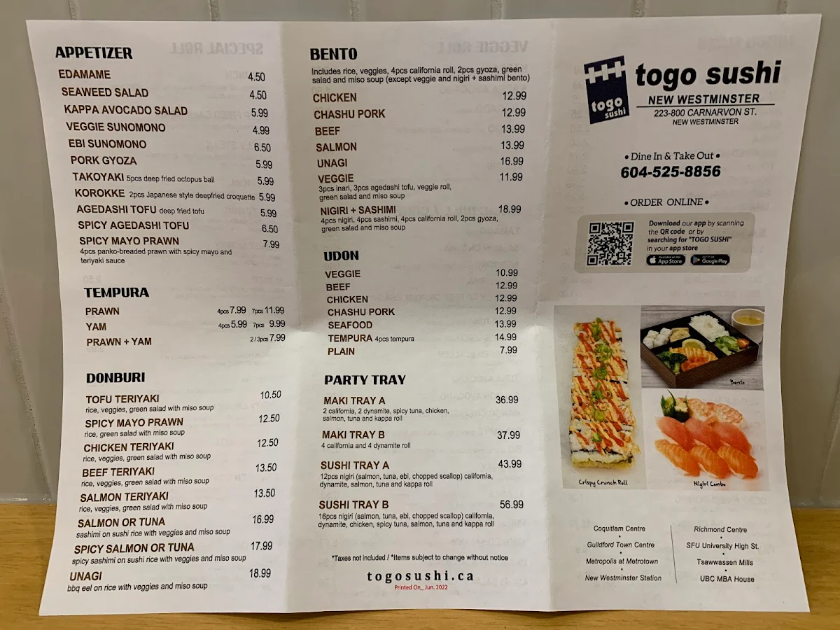 Menu, Togo Sushi