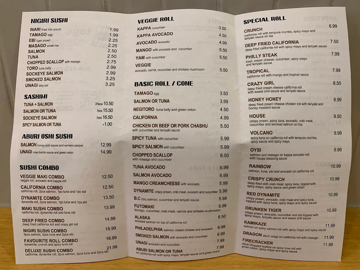 Menu, Togo Sushi