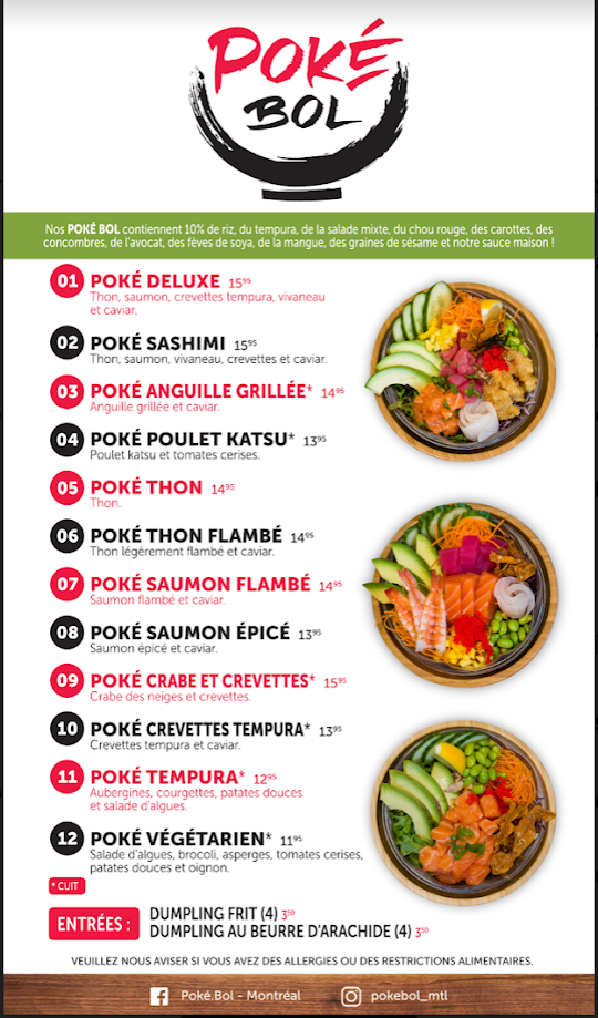 Menu, Poké Bol Mont-Royal E.