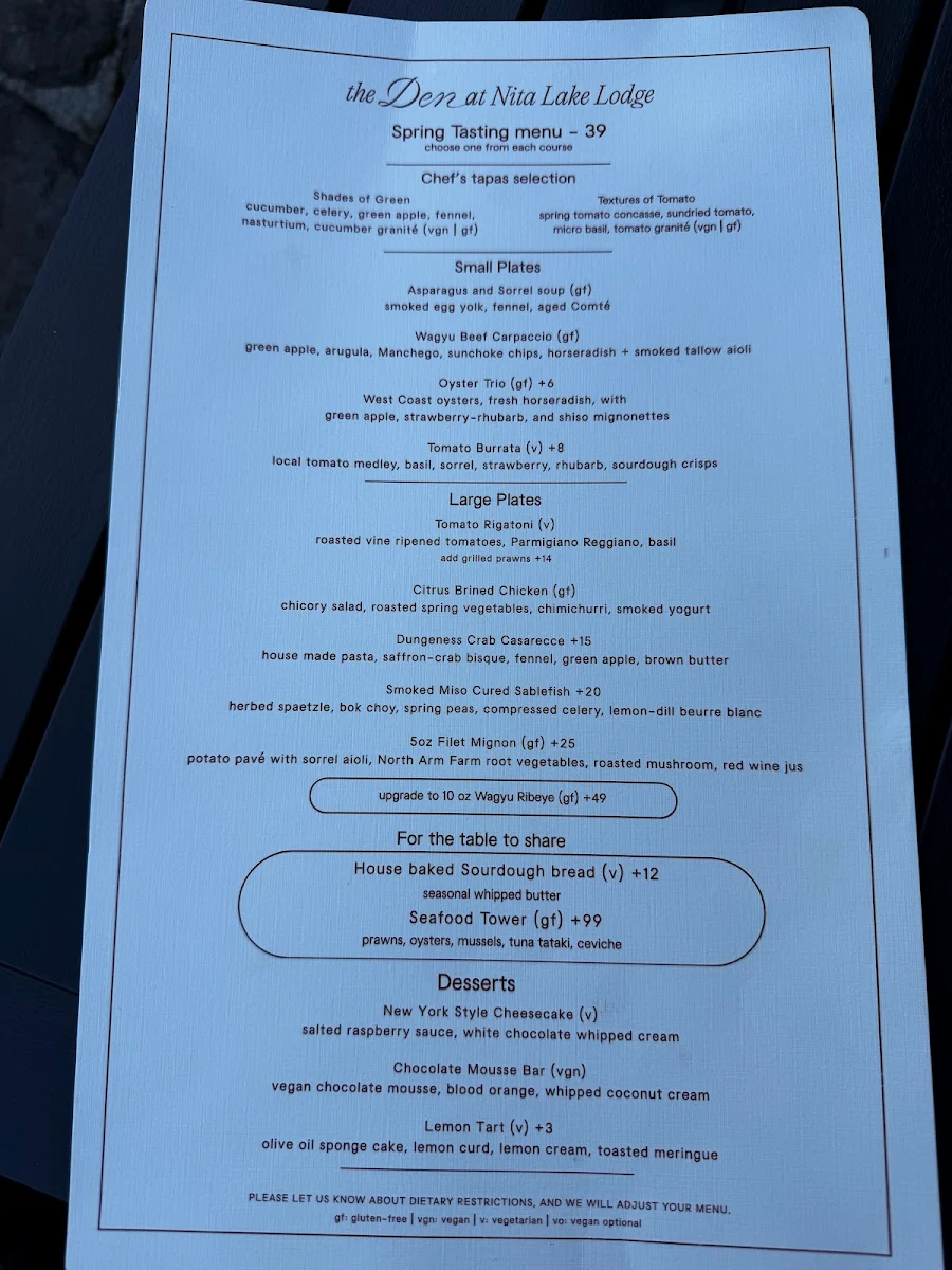 Menu, The Den at Nita Lake Lodge