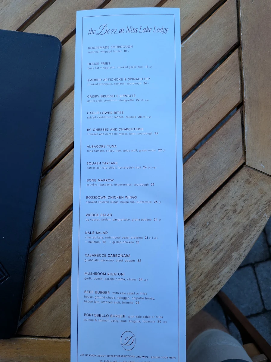 Menu, The Den at Nita Lake Lodge